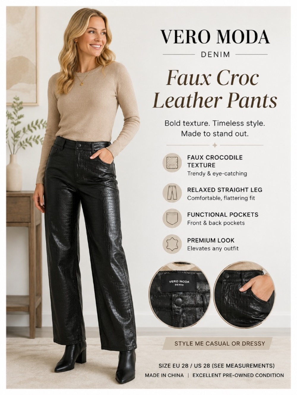 Vero Moda Black Faux Croc Leather Straight Leg Pants Size 28